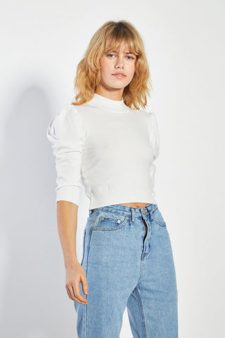 Glamorous White High Neck Puff Shoulder Top