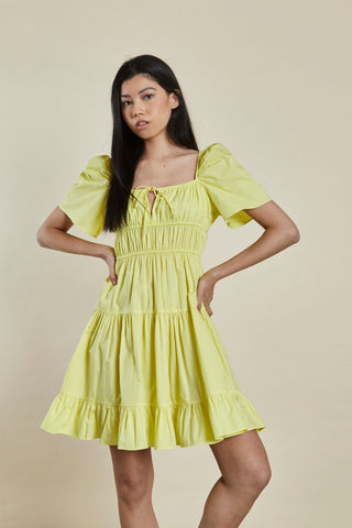 Glamorous Yellow Puff Shoulder Frill Tie Front Mini Dress