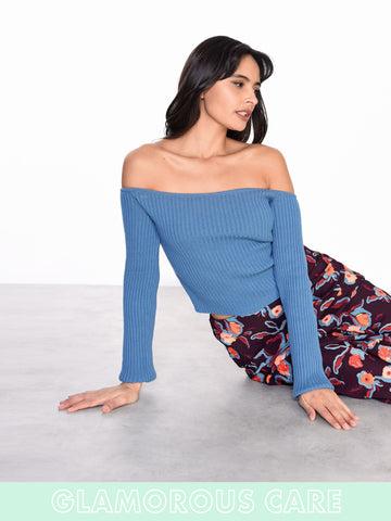 Glamorous Care Stone Blue Off The Shoulder Ribbed Crop Top