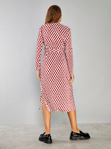 Glamorous Dark Red Check Plisse Side Split Tie Waist Midi Dress