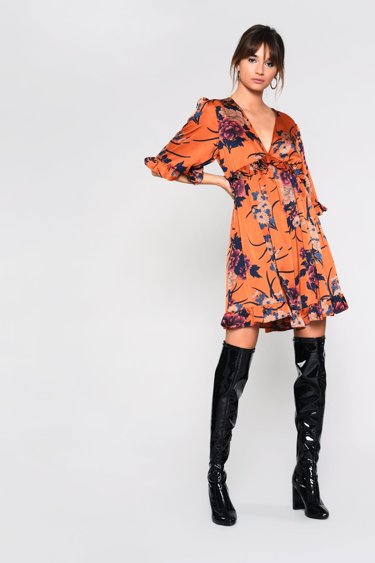 Glamorous Orange Teal Floral V- Neck Ruffle Mini Dress