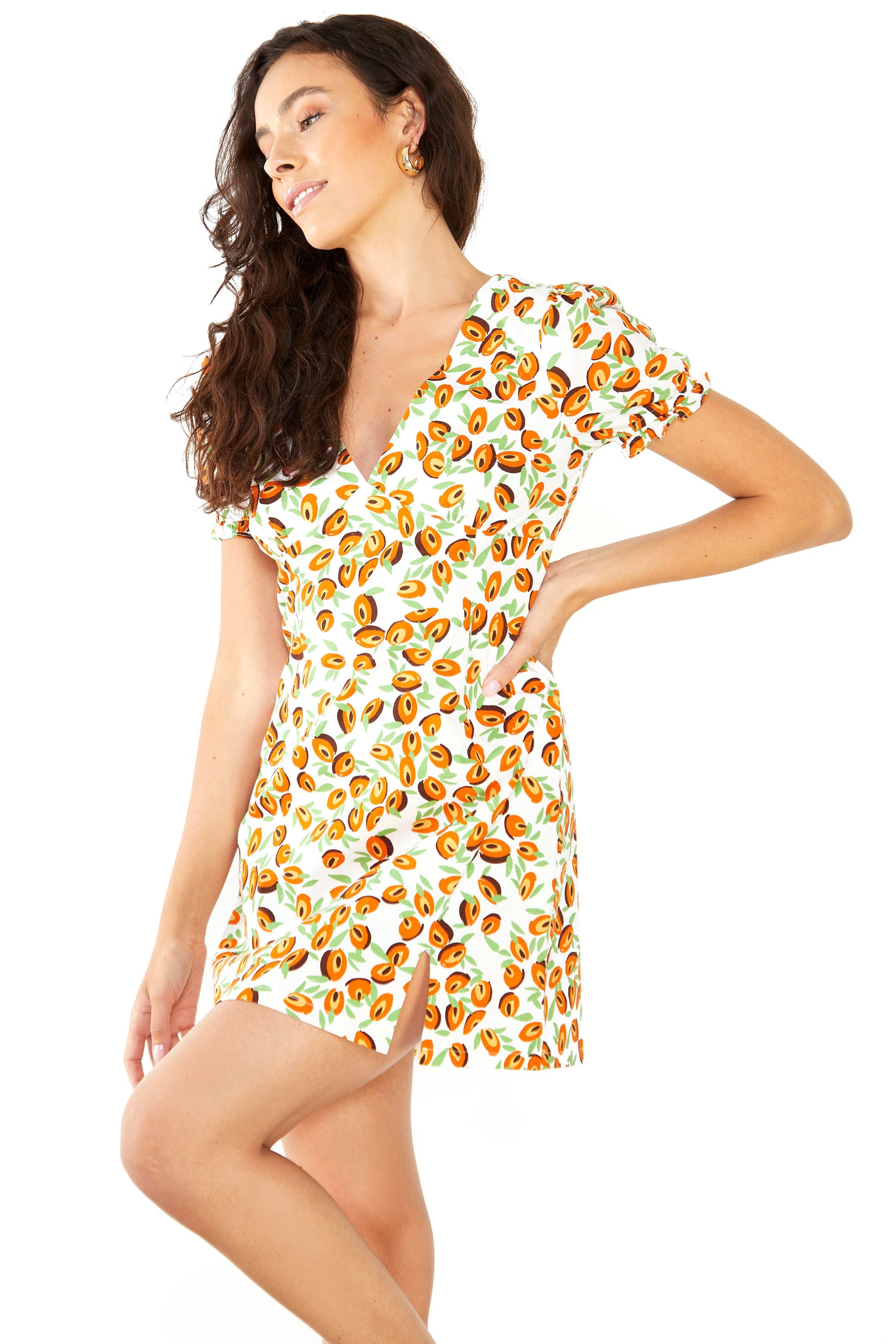 Abstract Fruit Wrap Short-Sleeve Mini-Dress