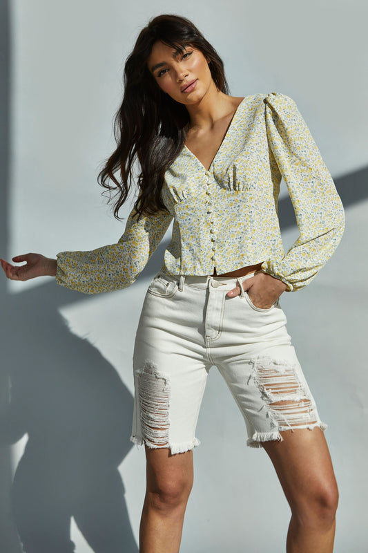 Glamorous Yellow Vintage daisy V-Neck Button Front Blouse