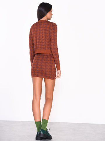 Rust Houndstooth Print Cardigan