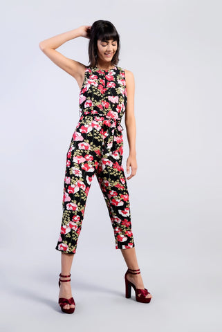 Glamorous Black Retro Floral  3/4 Length Sleeveless Jumpsuit