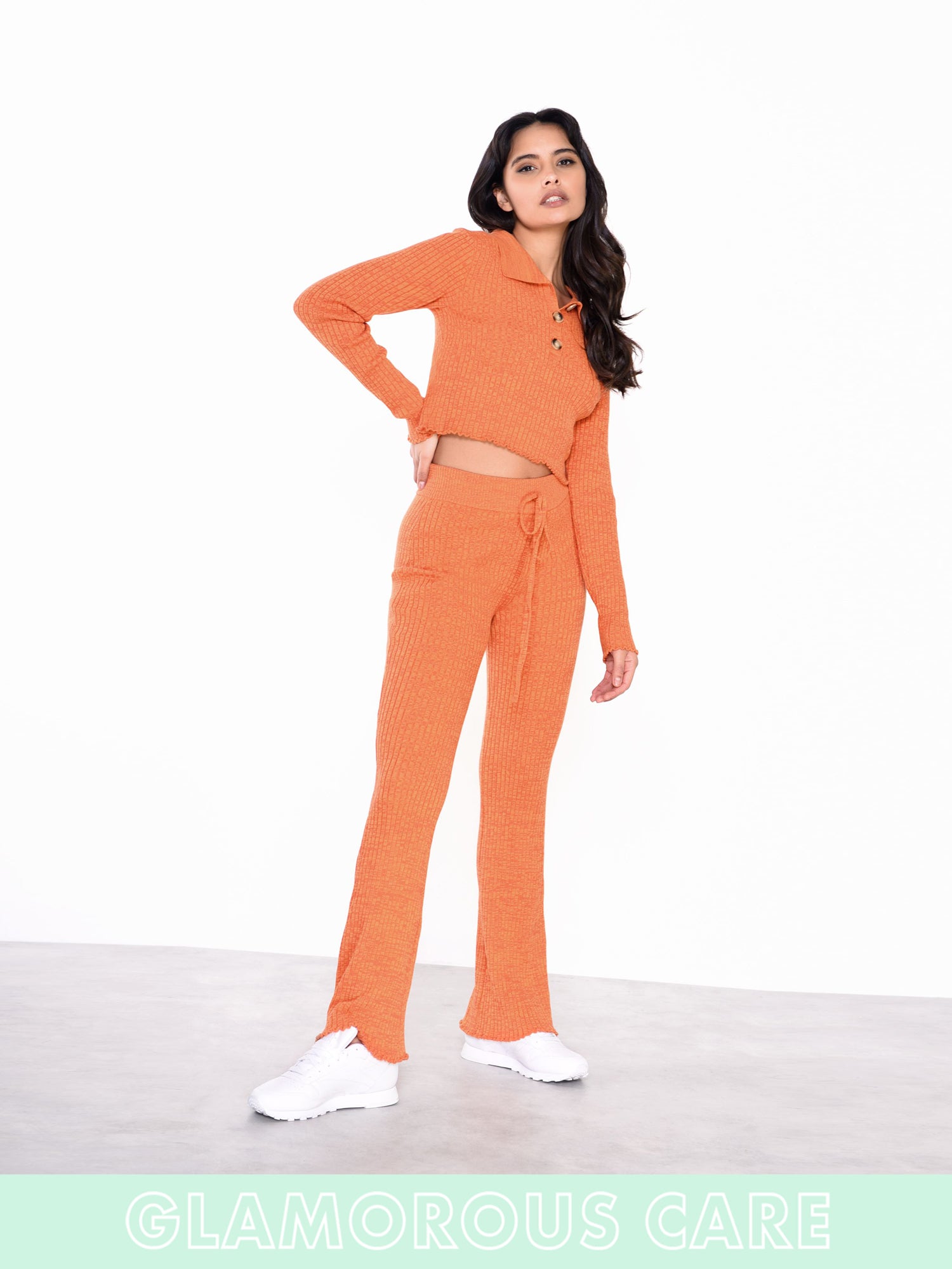 Glamorous Care Rust Melange Button Front Cropped Collar Jumper