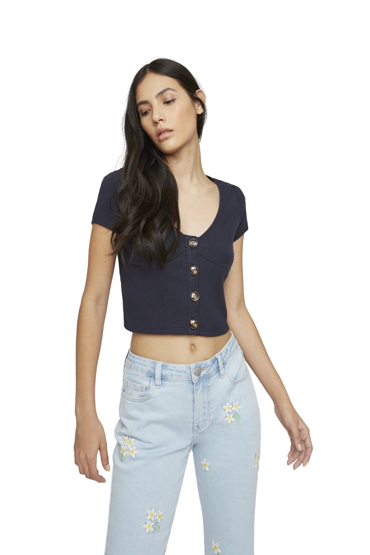 Glamorous Navy Button Front Crop Top