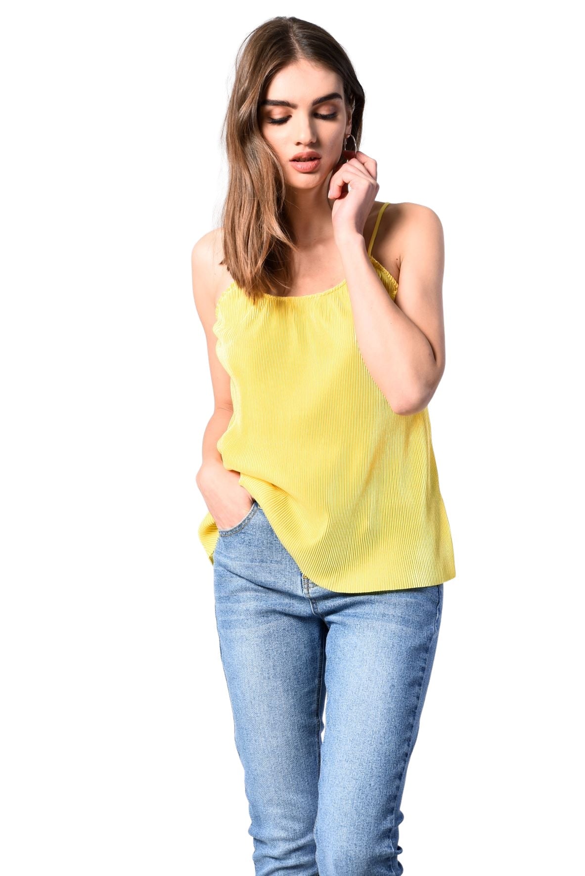 Glamorous Yellow Plisse Strappy Cami Top