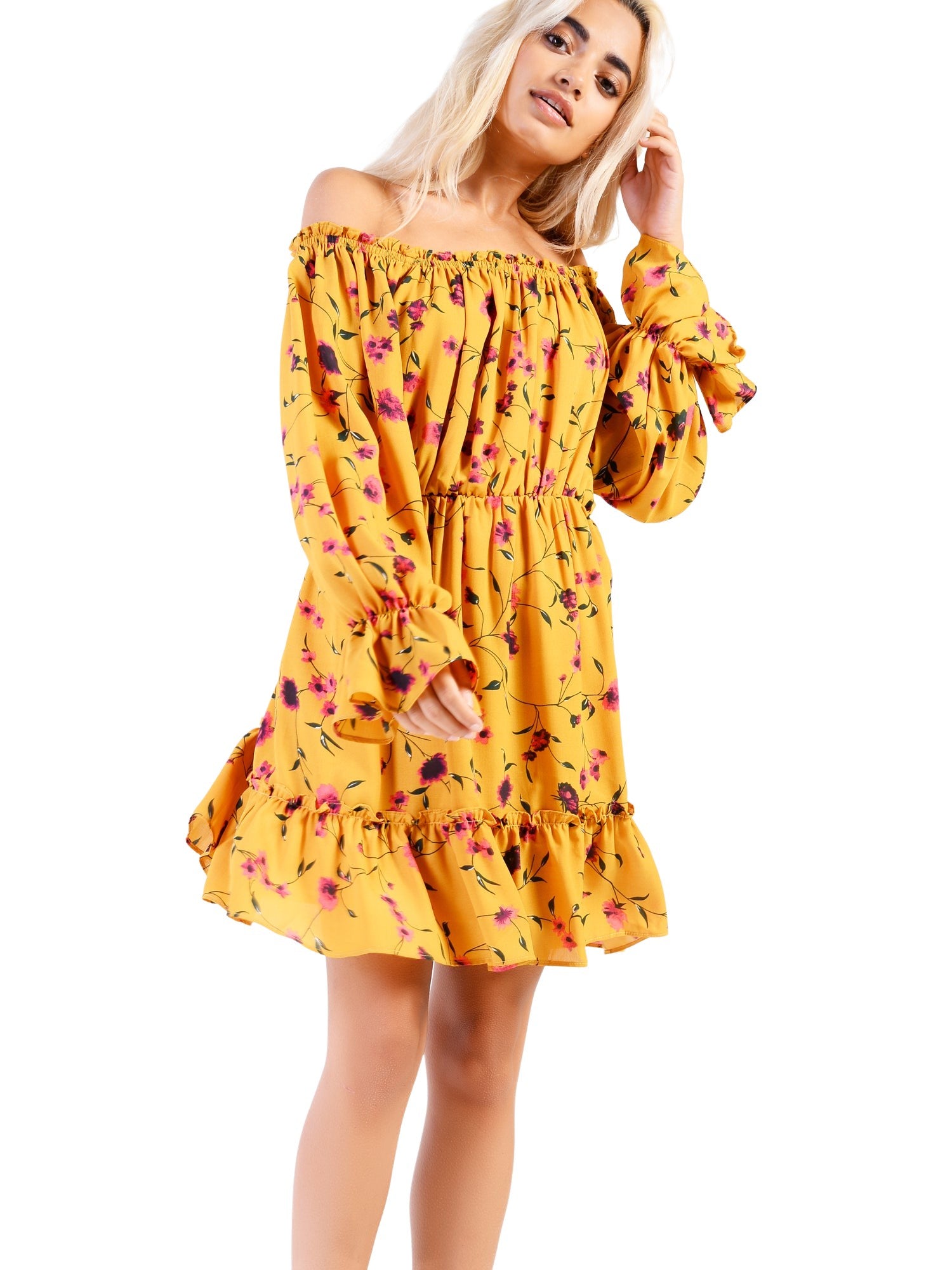 Glamorous Mustard Floral Off The Shoulder Tiered Skater Dress