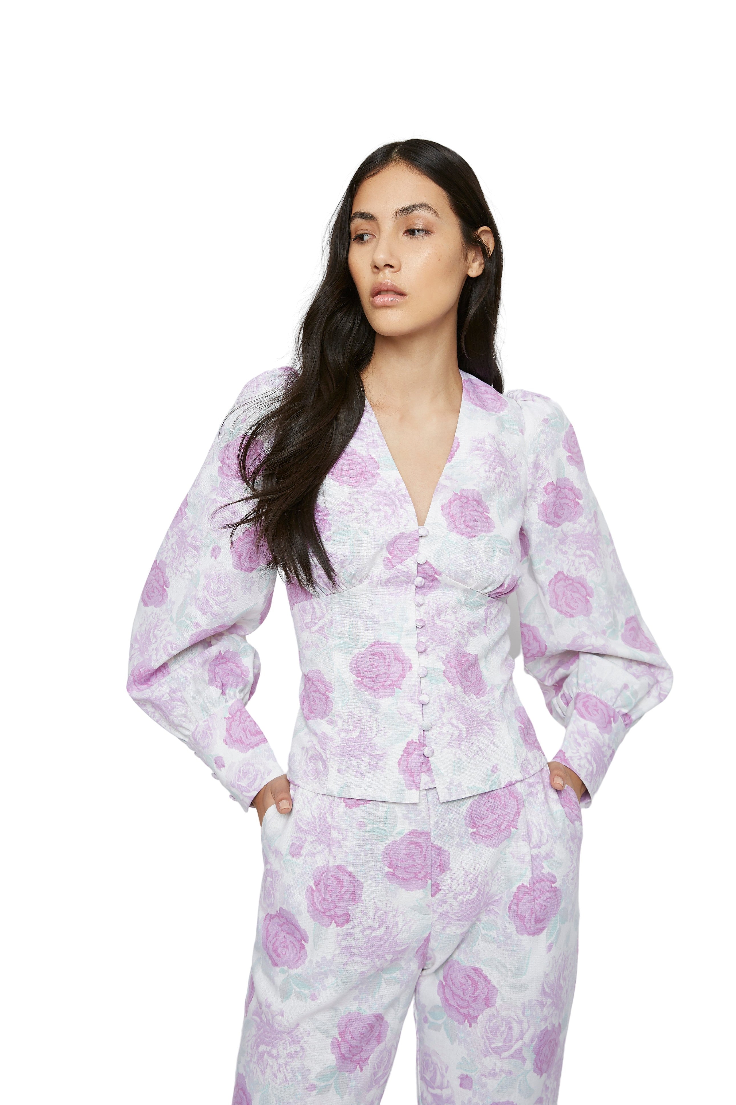 Glamorous Lilac Roses Button Front Long Sleeve Blouse