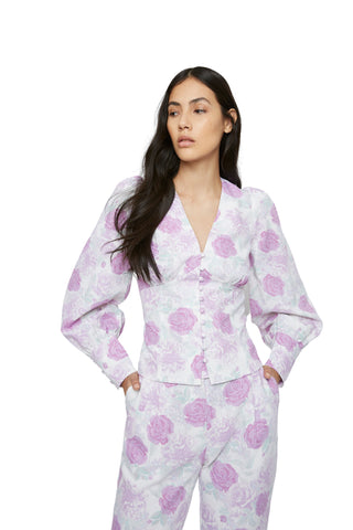 Glamorous Lilac Roses Button Front Long Sleeve Blouse