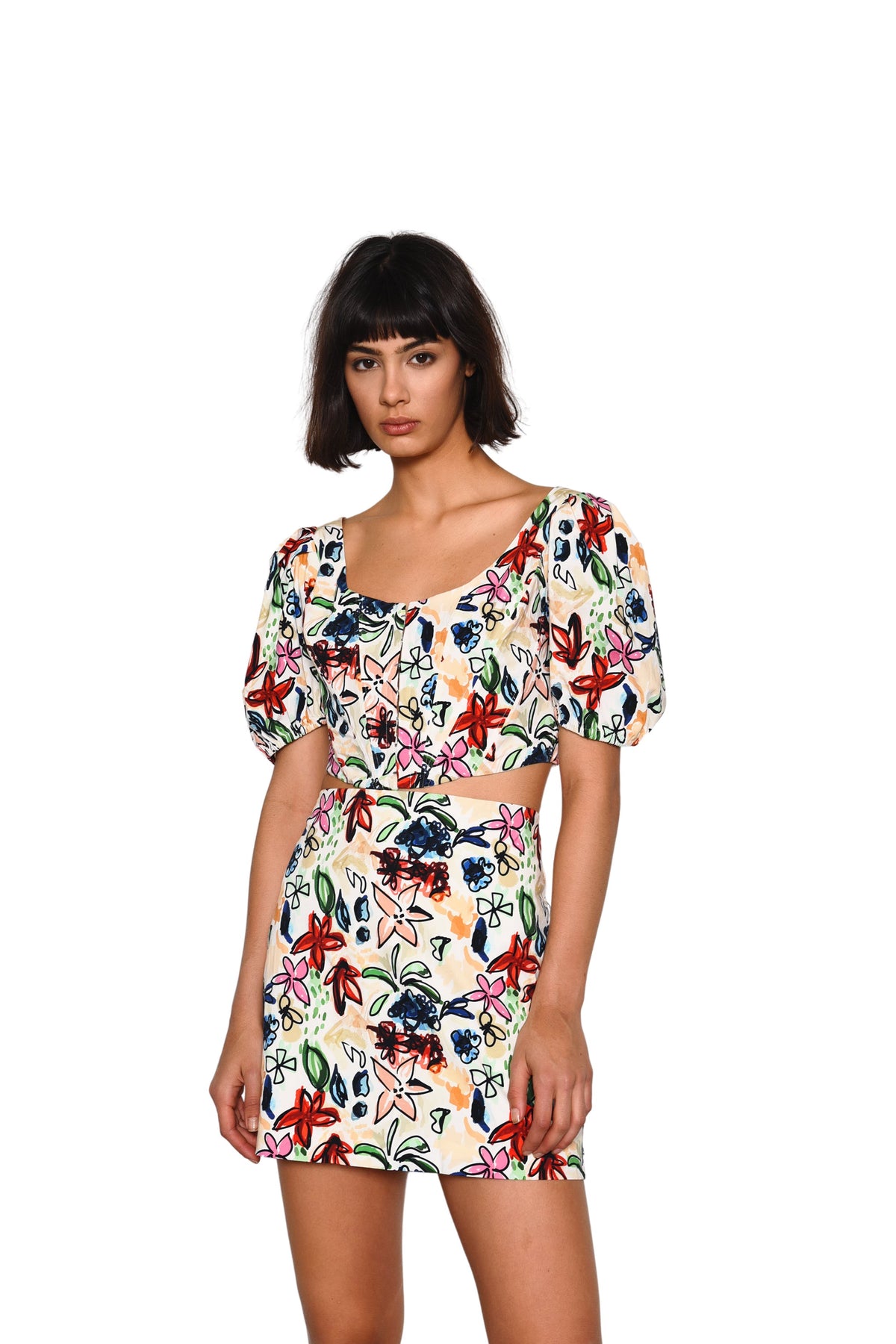 Arty Floral Puff Sleeve Round-Neck Crop-Top