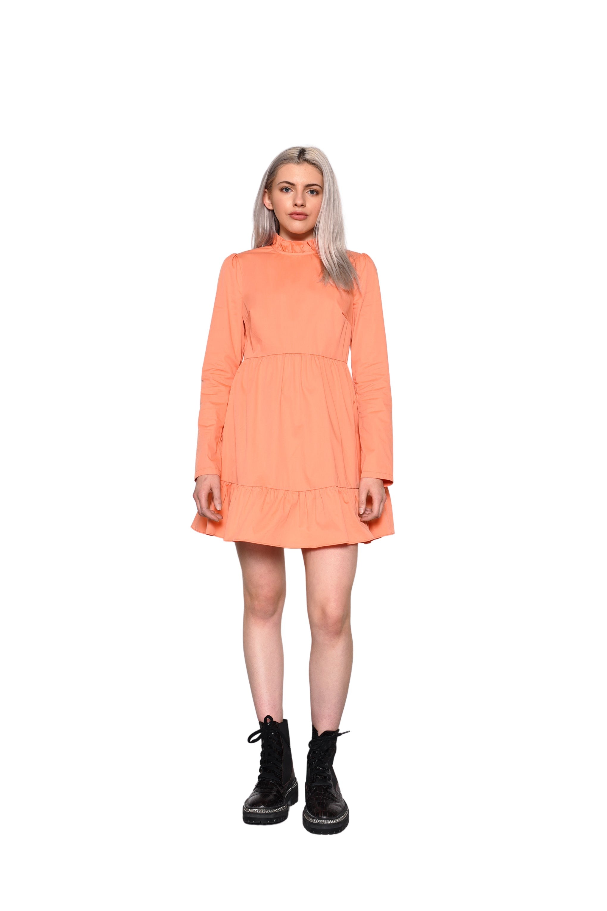Glamorous Peach High Neck Tiered Long Sleeve Mini Dress