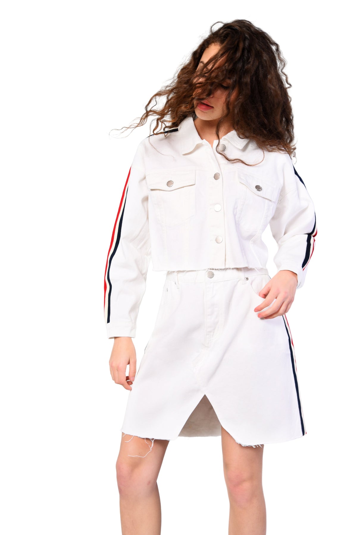 Glamorous White Denim Split Front Stripe Detail Mini Skirt