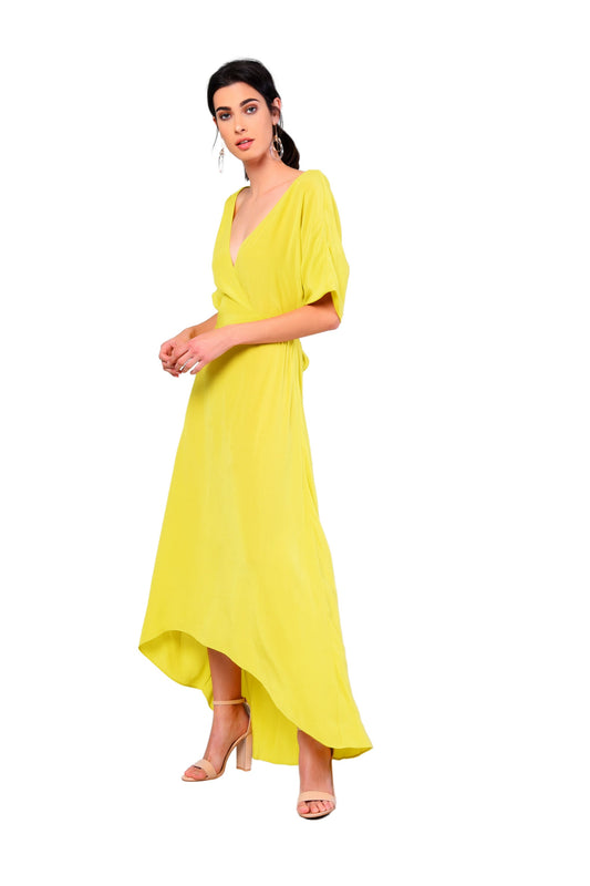 Glamorous Lime V- Neck Wrap Midi Dress