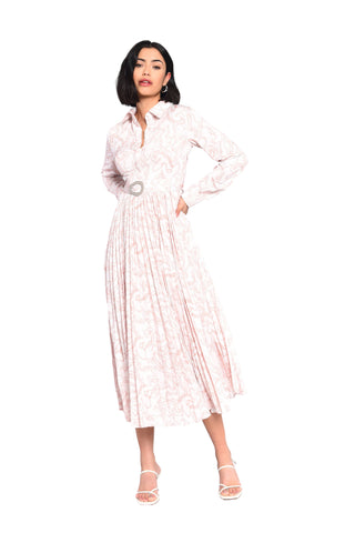 Glamorous Nude Abstract Print Belted Pleated Midi Dress