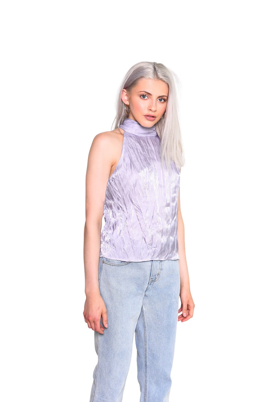 Glamorous Grey Lilac Metallic High Neck Satin Blouse