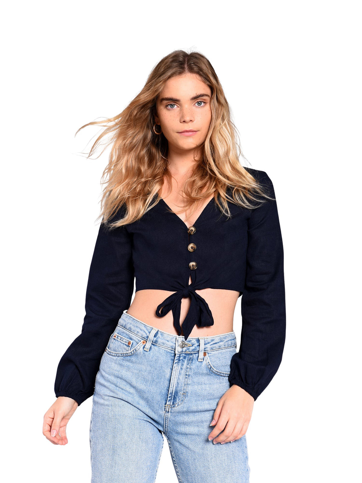 Glamorous Navy Linen Button Front Tie Long Sleeve Crop Top