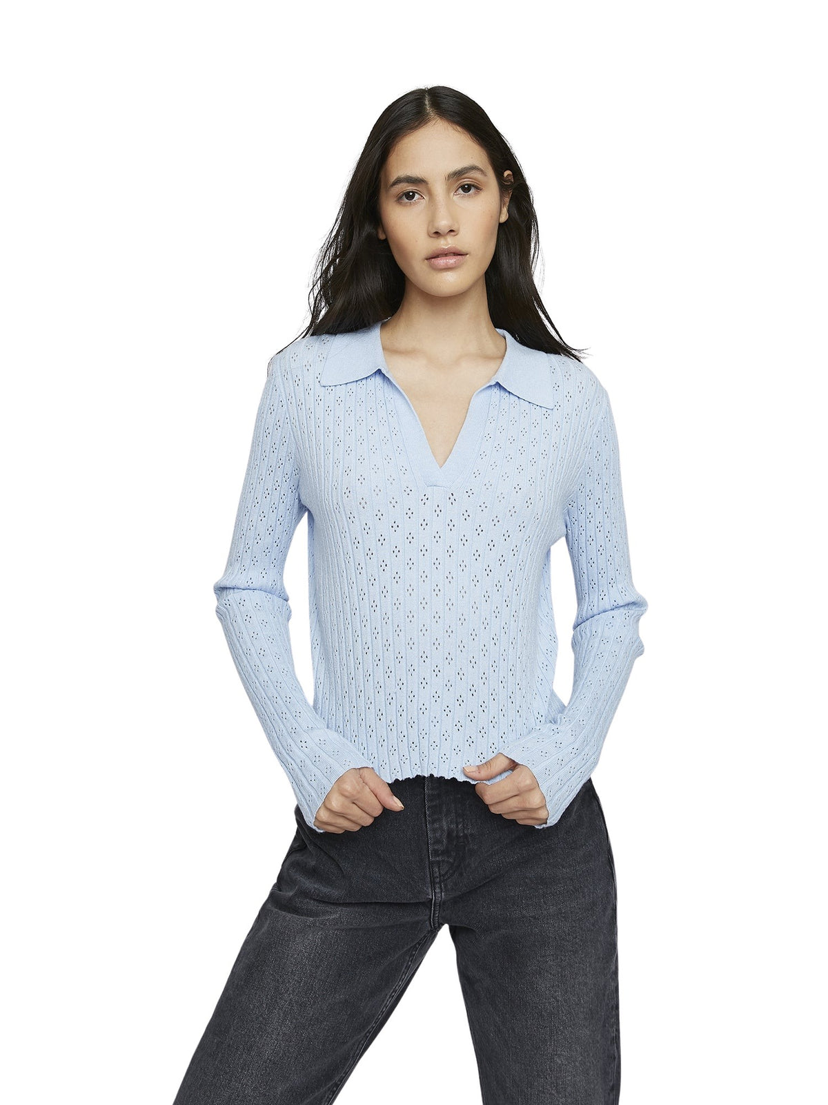 Light Blue Long Sleeve Crochet Collar Shirt