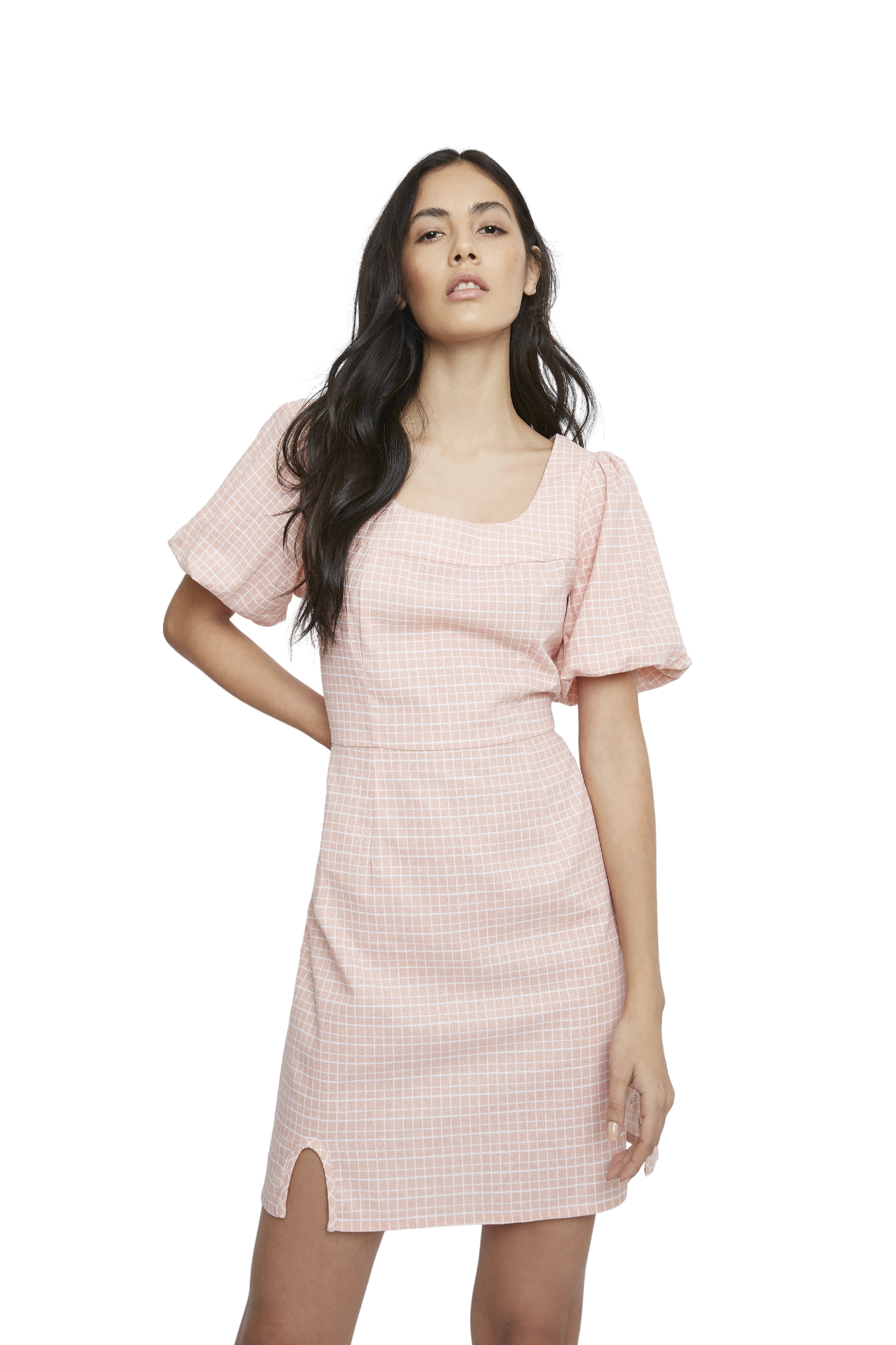 Peach grid Square Neck Short Sleeve Mini Dress